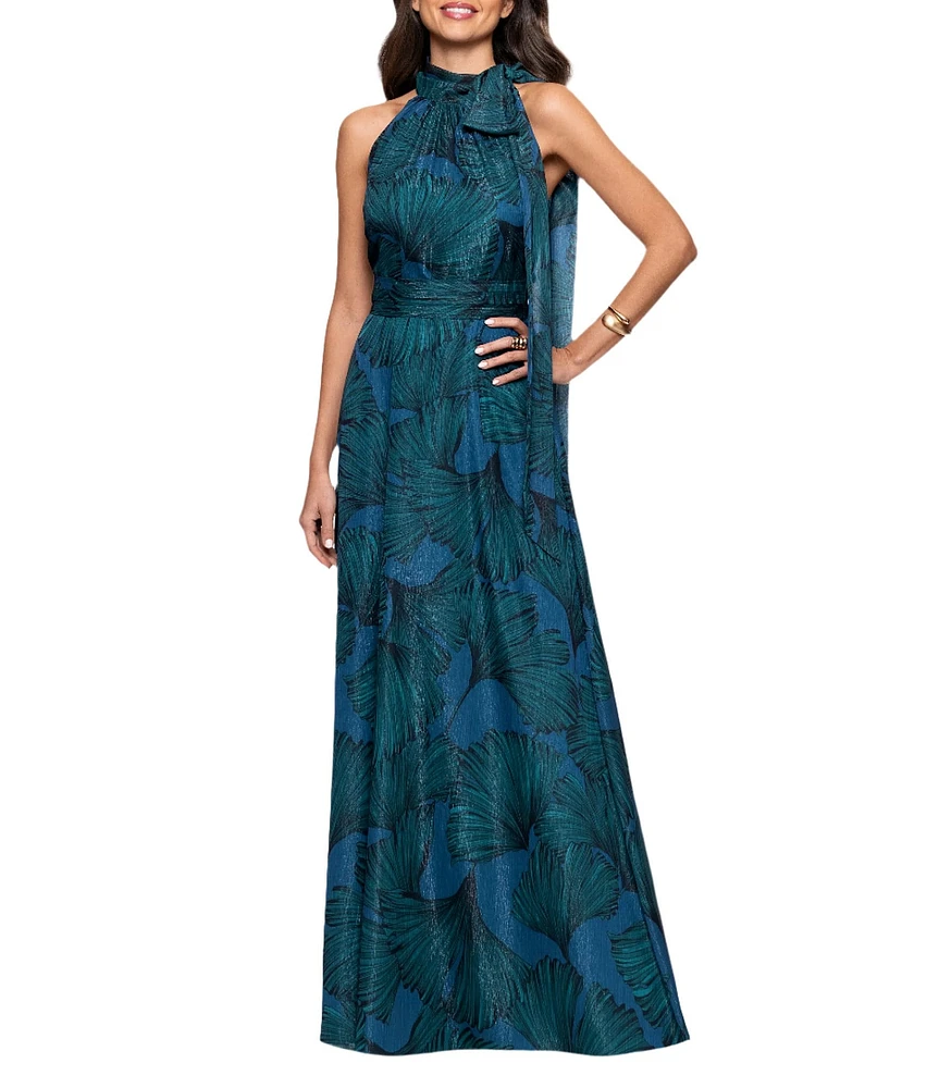 Betsy & Adam Halter Tie Neck Palm Print Shimmer Chiffon Sleeveless Maxi Dress