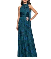Betsy & Adam Halter Tie Neck Palm Print Shimmer Chiffon Sleeveless Maxi Dress