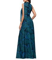 Betsy & Adam Halter Tie Neck Palm Print Shimmer Chiffon Sleeveless Maxi Dress