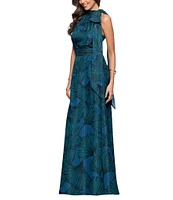 Betsy & Adam Halter Tie Neck Palm Print Shimmer Chiffon Sleeveless Maxi Dress