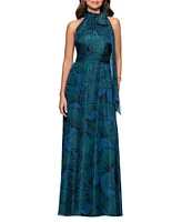 Betsy & Adam Halter Tie Neck Palm Print Shimmer Chiffon Sleeveless Maxi Dress