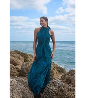 Betsy & Adam Halter Tie Neck Palm Print Shimmer Chiffon Sleeveless Maxi Dress