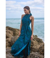 Betsy & Adam Halter Tie Neck Palm Print Shimmer Chiffon Sleeveless Maxi Dress