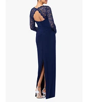 Betsy & Adam Illusion Lace Square Neck Long Sleeve Open Back Slit Gown