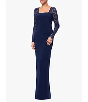 Betsy & Adam Illusion Lace Square Neck Long Sleeve Open Back Slit Gown