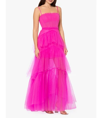 Betsy & Adam Illusion Tiered Ruffled Tulle Square Neck Mesh Sleeveless Gown