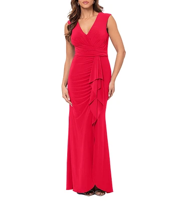 Betsy & Adam ITY Surplice V-Neck Sleeveless Wrap Cascading Ruffle Gown