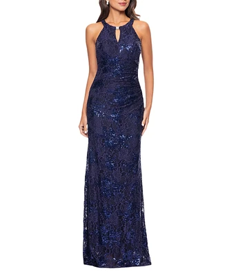 Betsy & Adam Keyhole Neck Sequin Lace Aline Gown