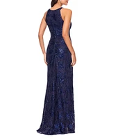 Betsy & Adam Keyhole Neck Sequin Lace Aline Gown