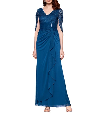 Betsy & Adam Lace Matte Jersey V Neck 3/4 Sleeve Draped Back Sheath Gown