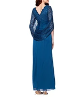 Betsy & Adam Lace Matte Jersey V Neck 3/4 Sleeve Draped Back Sheath Gown