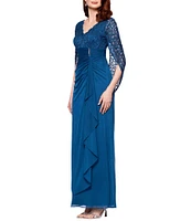 Betsy & Adam Lace Matte Jersey V Neck 3/4 Sleeve Draped Back Sheath Gown