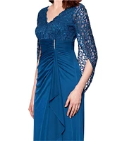 Betsy & Adam Lace Matte Jersey V Neck 3/4 Sleeve Draped Back Sheath Gown