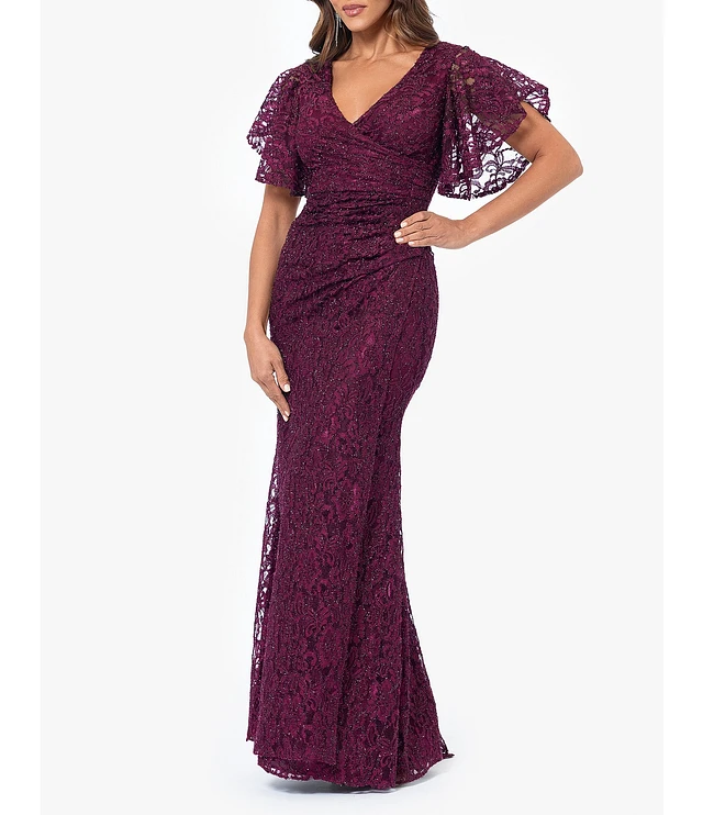 princess polly baby blue dress Betsy & Adam Lace Surplice V-Neck Illusion Flutter Sleeve Pleated Gown