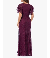 Betsy & Adam Lace Surplice V-Neck Illusion Flutter Sleeve Pleated Gown