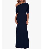 Betsy & Adam Scuba Crepe Asymmetric One Shoulder Short Sleeve Mermaid Gown