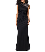 Betsy & Adam Matte Jersey Lace Mock Neck Sleeveless Ruched Sheath Gown