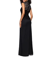 Betsy & Adam Matte Jersey Lace Mock Neck Sleeveless Ruched Sheath Gown