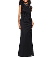 Betsy & Adam Matte Jersey Lace Mock Neck Sleeveless Ruched Sheath Gown