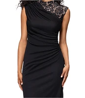 Betsy & Adam Matte Jersey Lace Mock Neck Sleeveless Ruched Sheath Gown