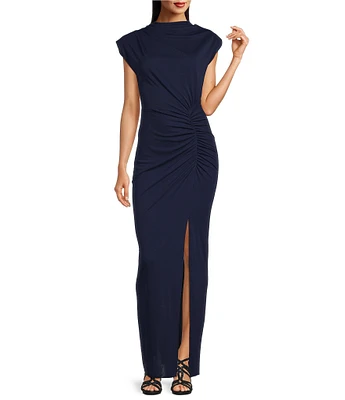 Betsy & Adam Matte Jersey Mock Neck Sleeveless Ruched Sheath Gown