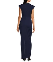 Betsy & Adam Matte Jersey Mock Neck Sleeveless Ruched Sheath Gown