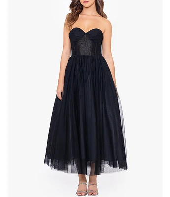 Betsy & Adam Mesh Strapless Neck Sleeveless Corset Tulle Midi Gown