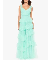 Betsy & Adam Mesh Tiered Ruffle Sleeveless Gown