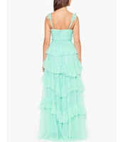 Betsy & Adam Mesh Tiered Ruffle Sleeveless Gown