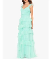 Betsy & Adam Mesh Tiered Ruffle Sleeveless Gown