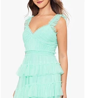 Betsy & Adam Mesh Tiered Ruffle Sleeveless Gown