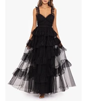 Betsy & Adam Mesh Tiered Ruffle Sleeveless Gown