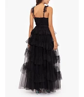 Betsy & Adam Mesh Tiered Ruffle Sleeveless Gown