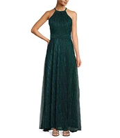 Betsy & Adam Metallic Crinkle Halter Neck Sleeveless Gown