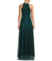 Betsy & Adam Metallic Crinkle Halter Neck Sleeveless Gown