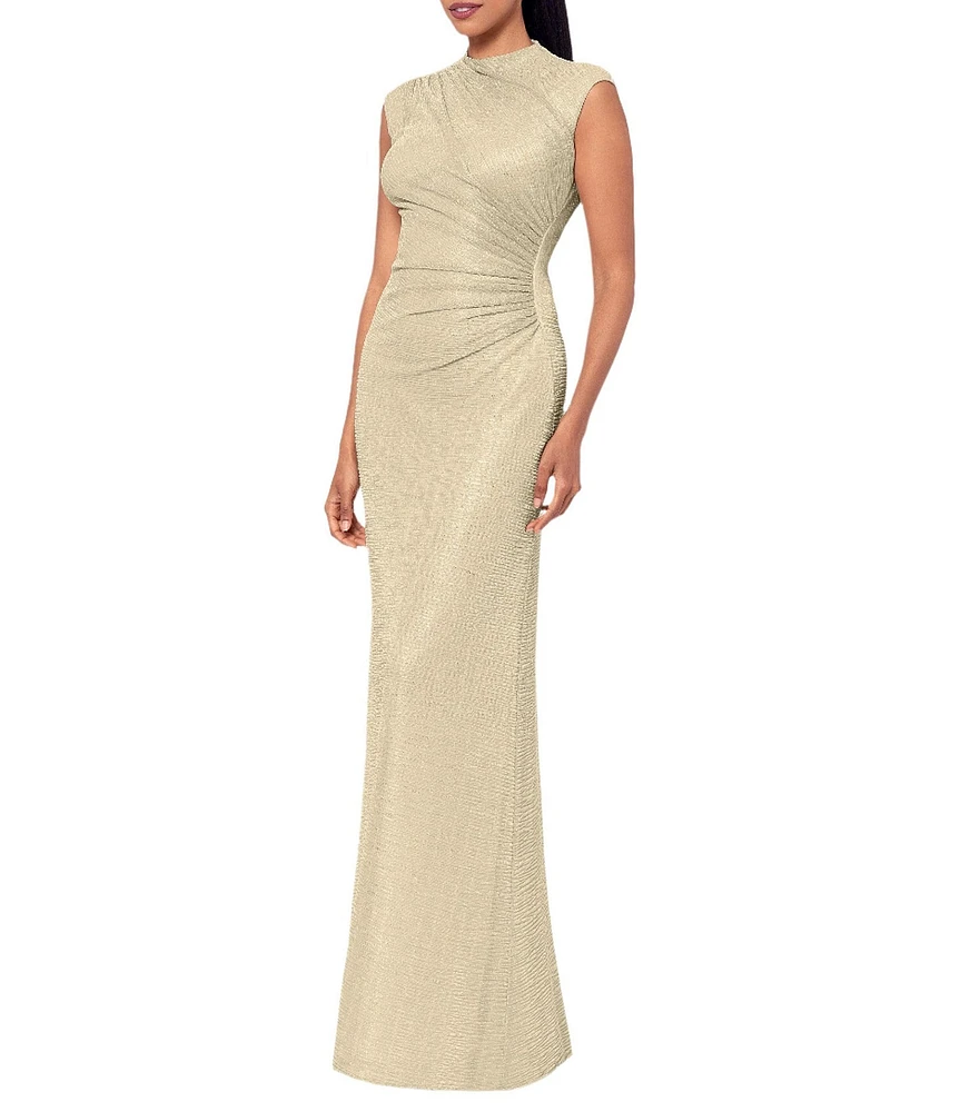 Betsy & Adam Metallic Crinkle Mock Neck Cap Sleeve Ruched Slit Sheath Dress