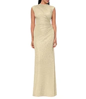 Betsy & Adam Metallic Crinkle Mock Neck Cap Sleeve Ruched Slit Sheath Dress