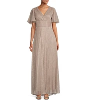 Betsy & Adam Metallic Crinkle Surplice V-Neck Short Flutter Sleeve Dress