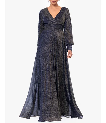 Betsy & Adam Metallic Crinkle V-Neck Long Sleeve Beaded Cuff Gown