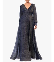 Betsy & Adam Metallic Crinkle V-Neck Long Sleeve Beaded Cuff Gown