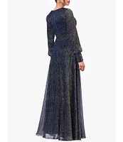 Betsy & Adam Metallic Crinkle V-Neck Long Sleeve Beaded Cuff Gown