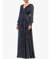 Betsy & Adam Metallic Crinkle V-Neck Long Sleeve Beaded Cuff Gown