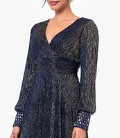 Betsy & Adam Metallic Crinkle V-Neck Long Sleeve Beaded Cuff Gown