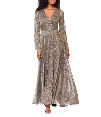 Betsy & Adam Metallic Crinkle V-Neck Long Sleeve Wrap Bodice Gown