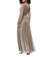 Betsy & Adam Metallic Crinkle V-Neck Long Sleeve Wrap Bodice Gown