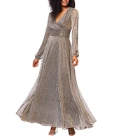 Betsy & Adam Metallic Crinkle V-Neck Long Sleeve Wrap Bodice Gown