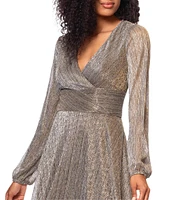 Betsy & Adam Metallic Crinkle V-Neck Long Sleeve Wrap Bodice Gown