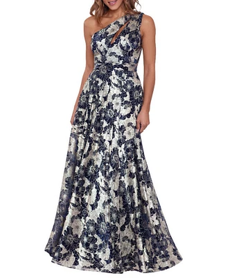 Betsy & Adam Metallic Floral One Shoulder Keyhole Sleeveless Gown