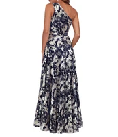 Betsy & Adam Metallic Floral One Shoulder Keyhole Sleeveless Gown
