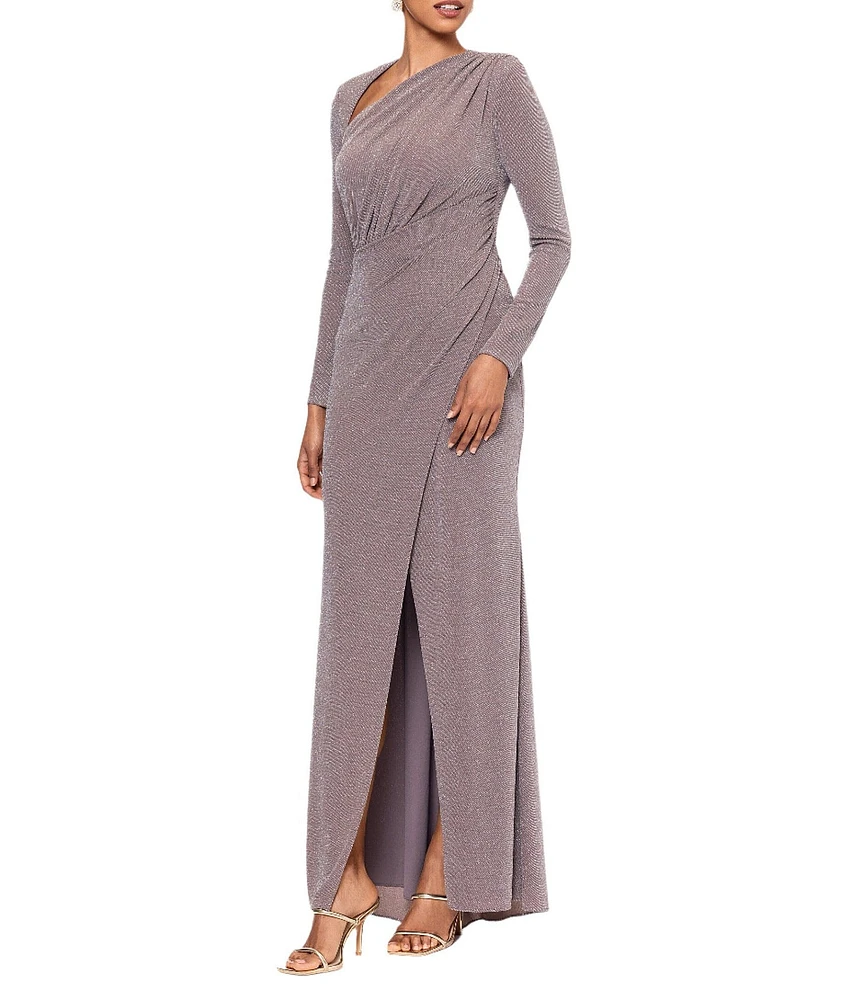 Betsy & Adam Metallic Knit Asymmetrical Neck Long Sleeve Side Ruched Front Slit Sheath Dress